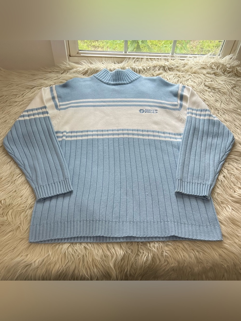 Vintage Y2k Southpole Blue White Striped Knit Mock Neck Ribbed Sweater Men’s XL